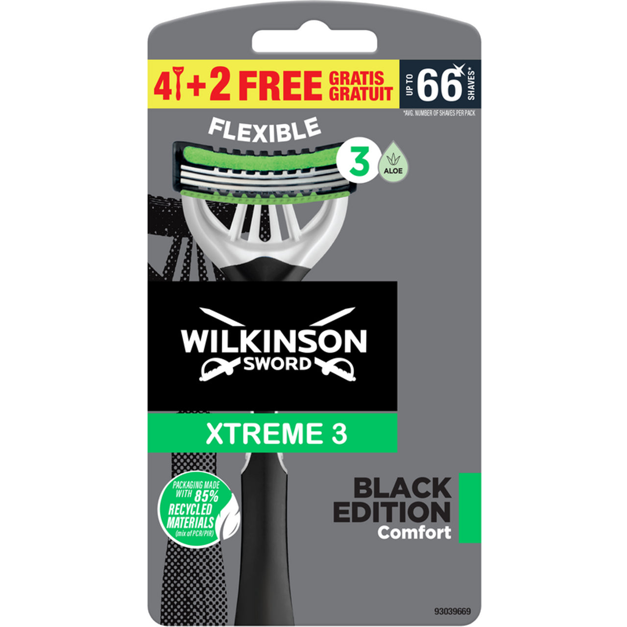 Wilkinson rasoio xtreme3 fleksibilno 4+2 kosa črno udobje