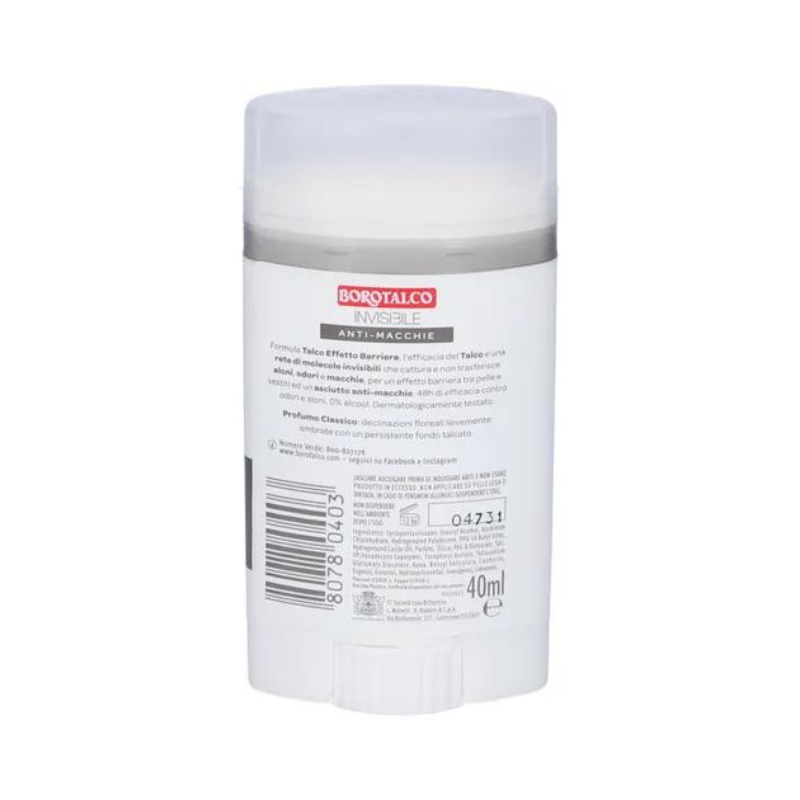 Borotalco Deodorante Invisible Stick Talc Effect Anti-Macchio Barrier 40 Ml