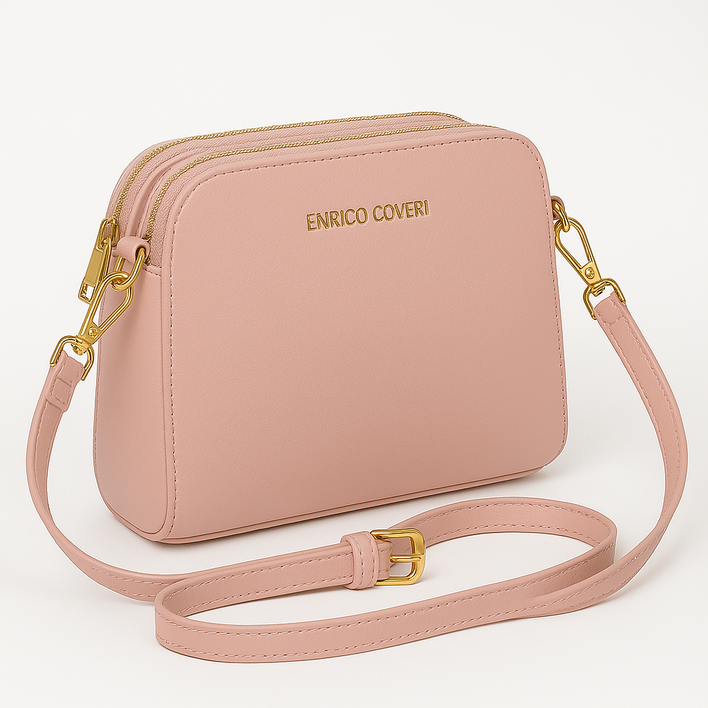 Borsa a tracolla rosa cipria Enrico Coveri con doppia zip dorata e tracolla regolabile, ideale per outfit femminili e raffinati.