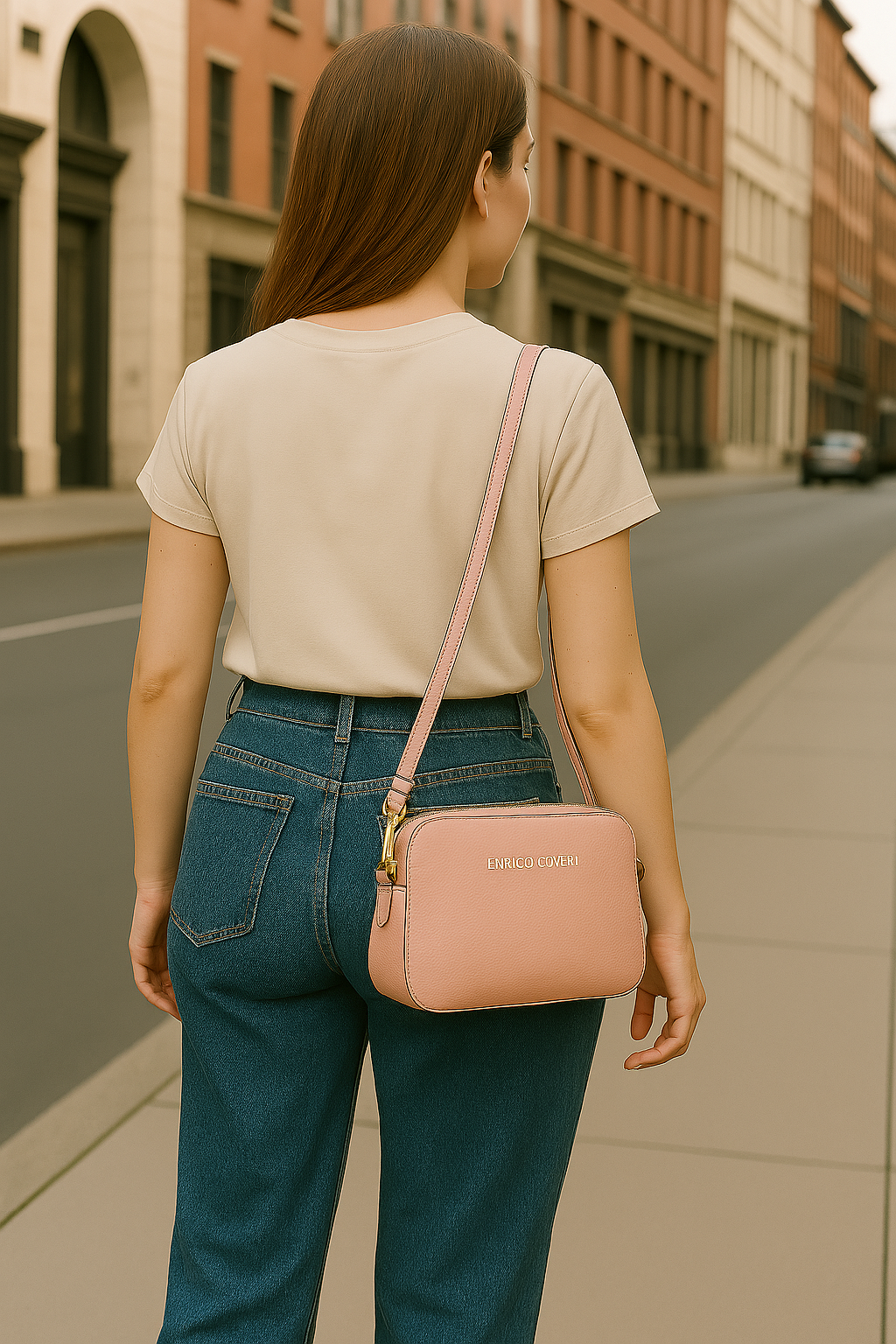 Modella di spalle con capelli castani porta una borsa rosa cipria Enrico Coveri a tracolla, camminando in un contesto urbano con jeans a vita alta e T-shirt chiara.