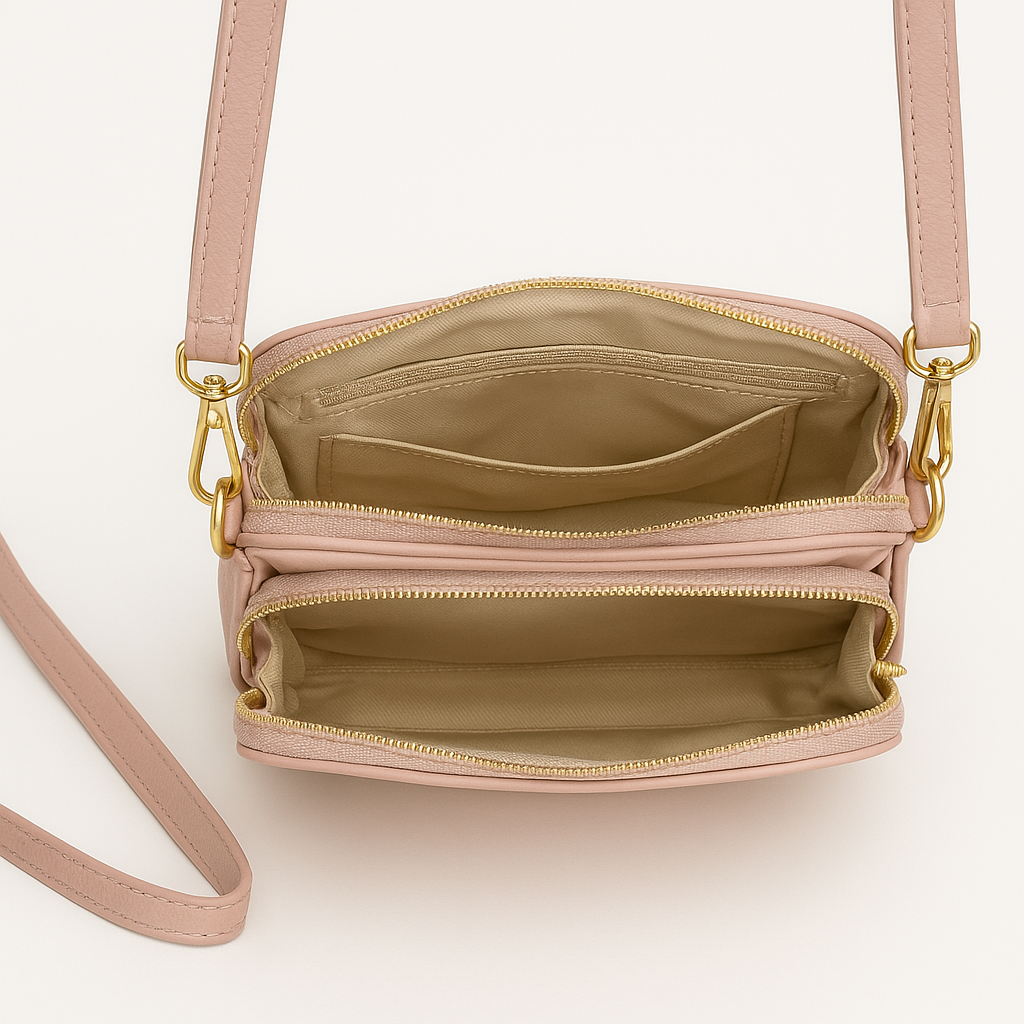 Vista interna della borsa rosa cipria con doppio scomparto, fodera beige e tasca interna con zip, design funzionale e organizzato.