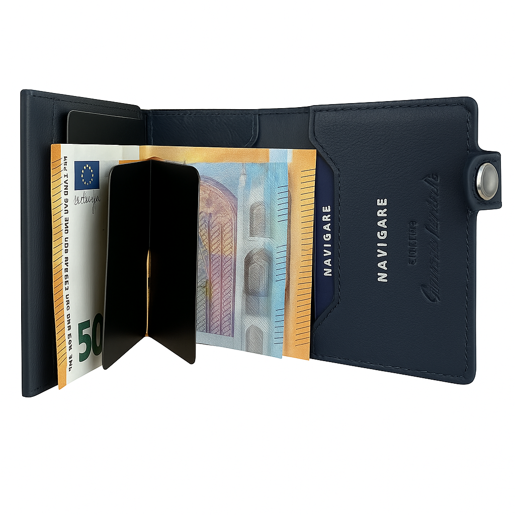 Interno portafoglio NAVIGARE blu con scomparto per banconote e carte, mostra banconote euro inserite.