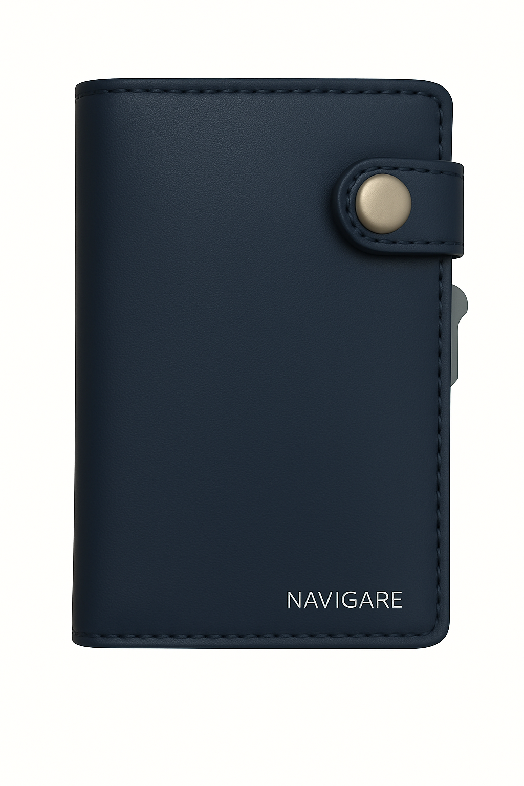 Portafoglio NAVIGARE in pelle blu navy con chiusura a bottone argentato, stile moderno e minimalista