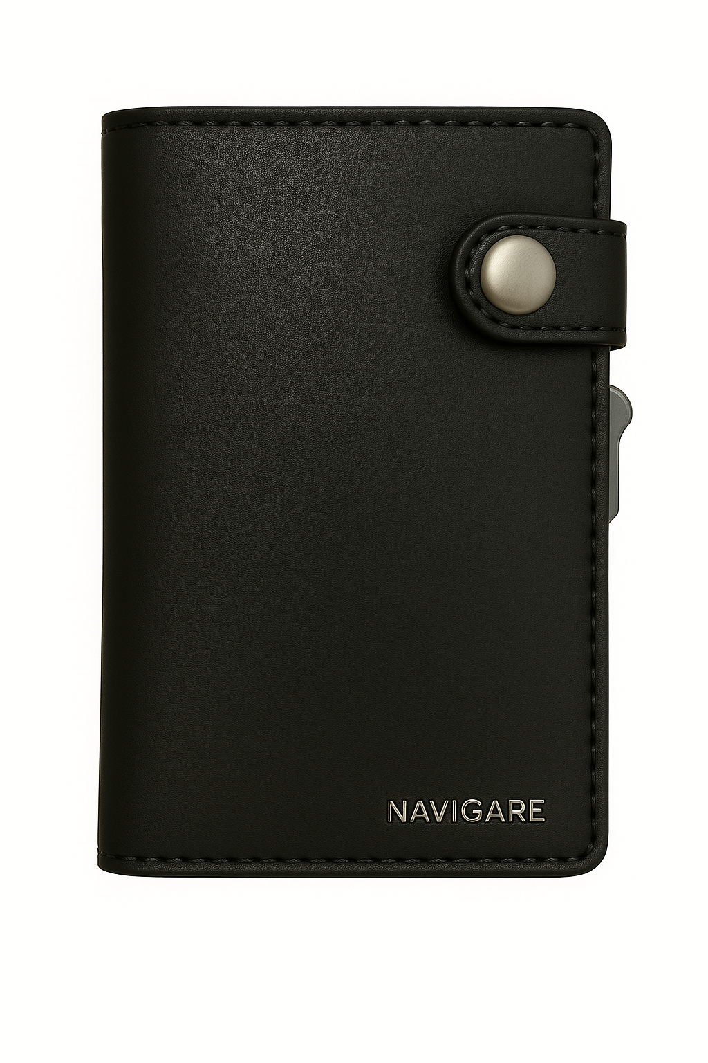 Portafoglio NAVIGARE in pelle nera con chiusura a bottone argentato, design elegante e compatto.