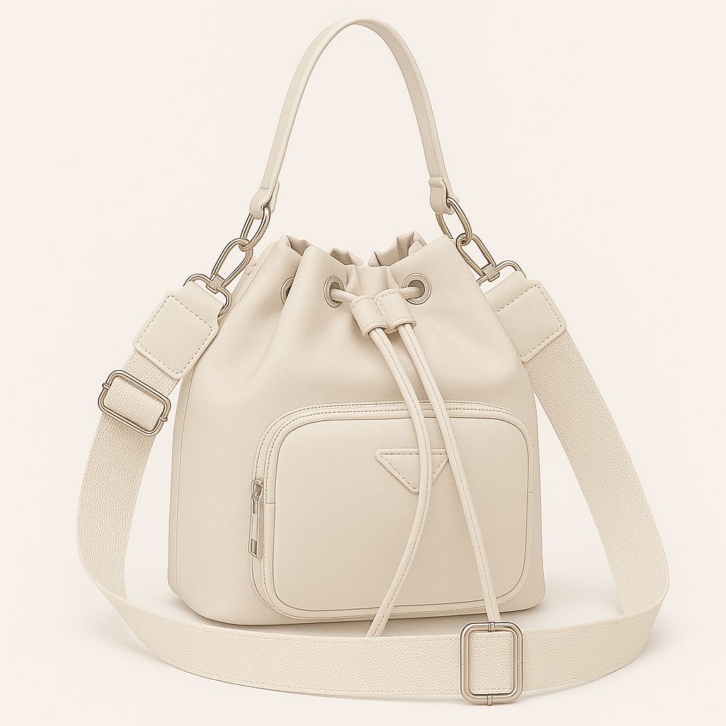 Borsa a secchiello Enrico Coveri beige con tracolla regolabile e tasca frontale, in tessuto tecnico ed ecopelle, modello 2145 donna.