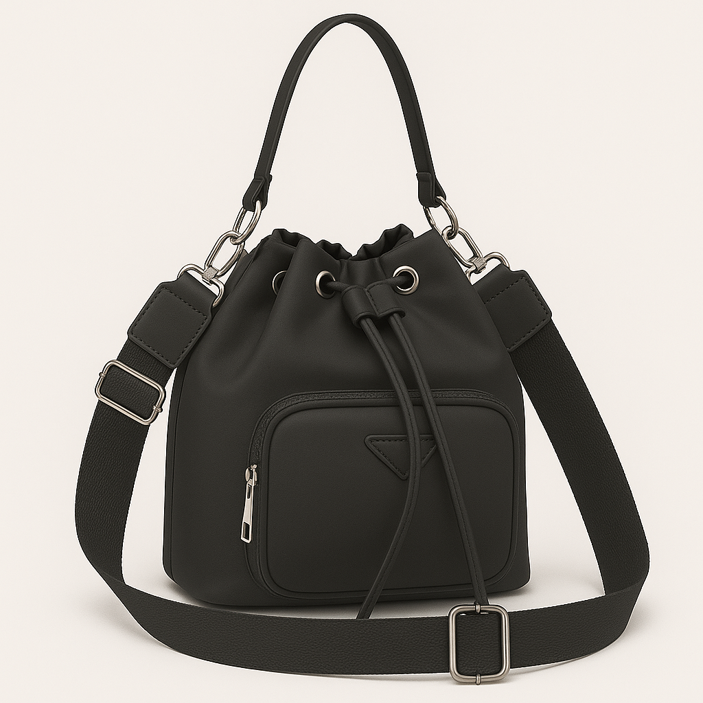 Borsa a secchiello Enrico Coveri nero con tracolla regolabile e tasca frontale, in tessuto tecnico ed ecopelle, modello 2145 donna.