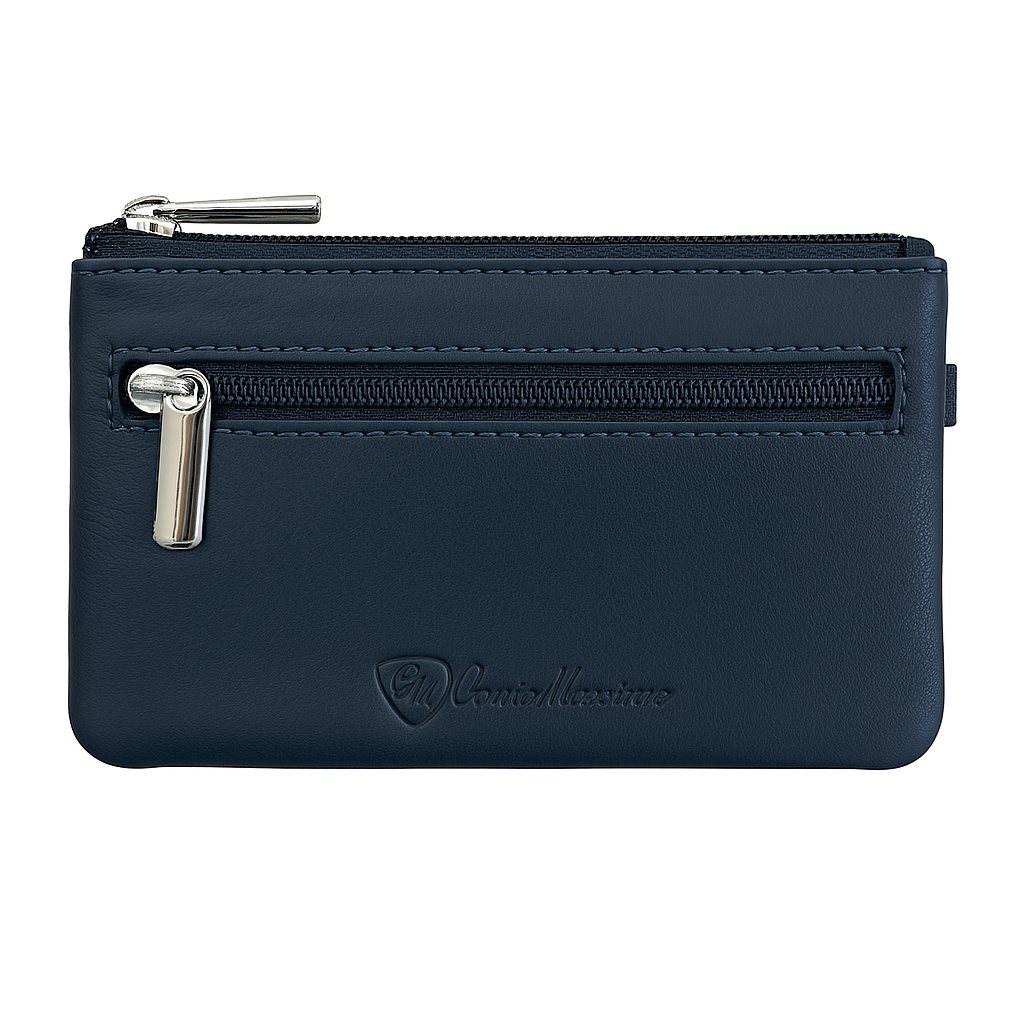 Portamonete blu Conte Massimo in vera pelle con doppia zip e logo inciso ??vista frontale