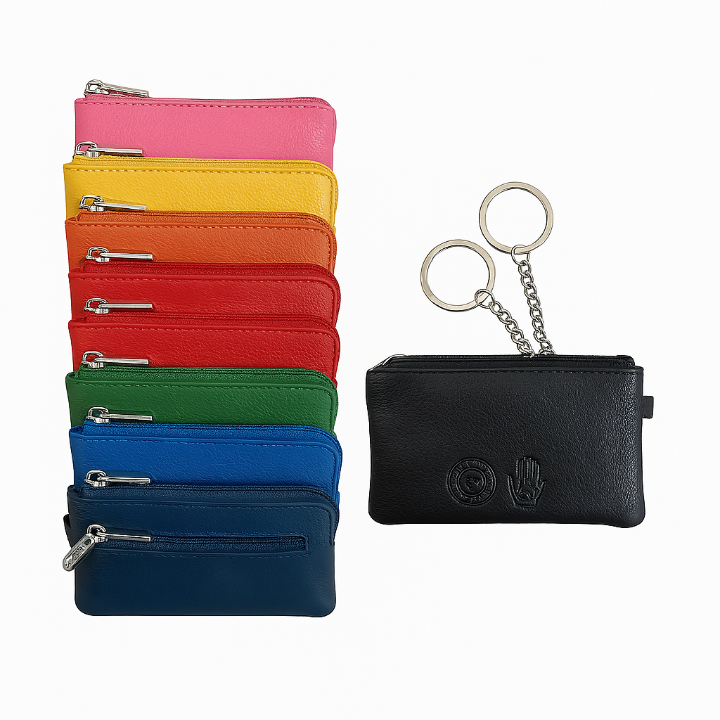Portamonete in vera pelle Conte Massimo modello CM 1362 disponibile in 8 colori vivaci - vista frontale con portachiavi in metallo