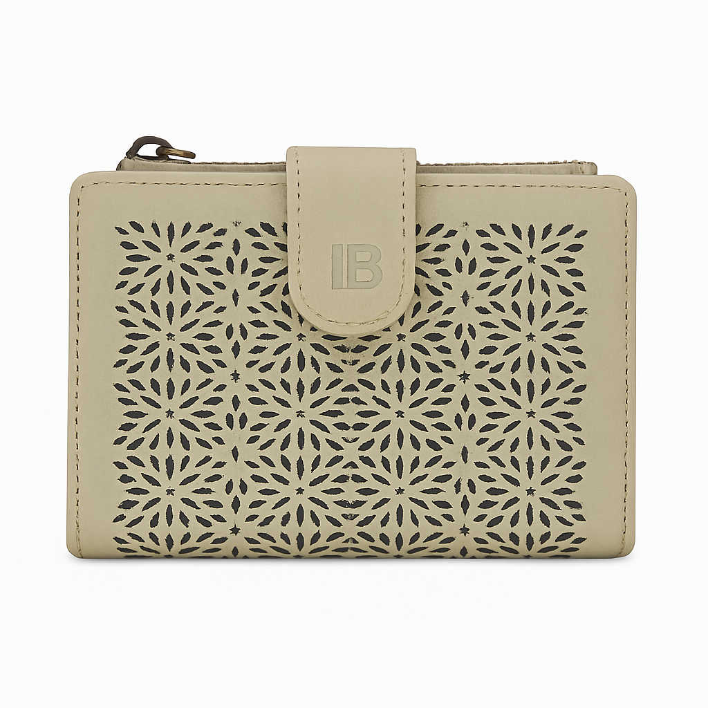 Portafoglio donna Laura Biagiotti in pelle traforata beige grigiastro, modello ART 19 con chiusura a clip e motivo floreale.