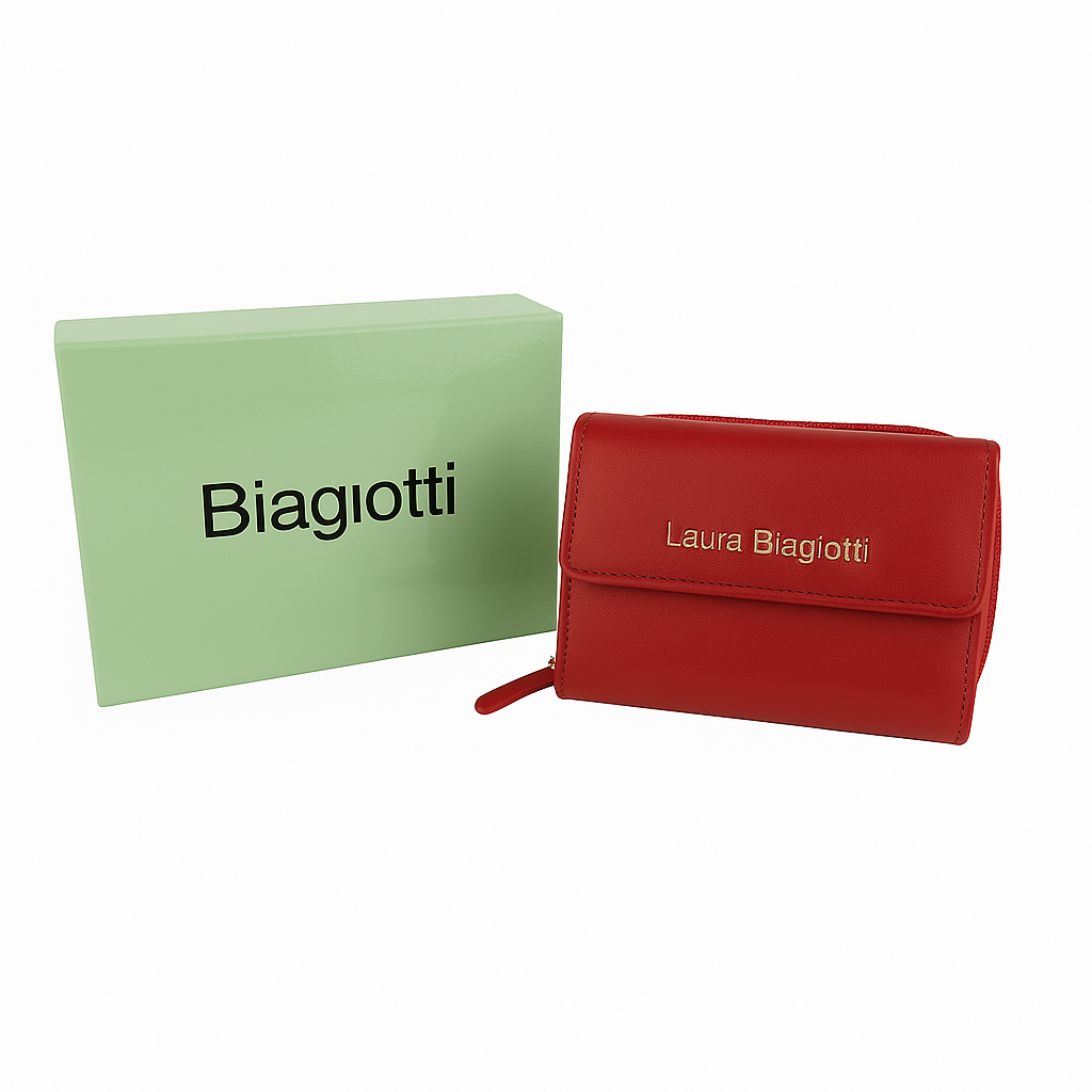 Portafoglio rosso Laura Biagiotti in vera pelle con scatola regalo verde