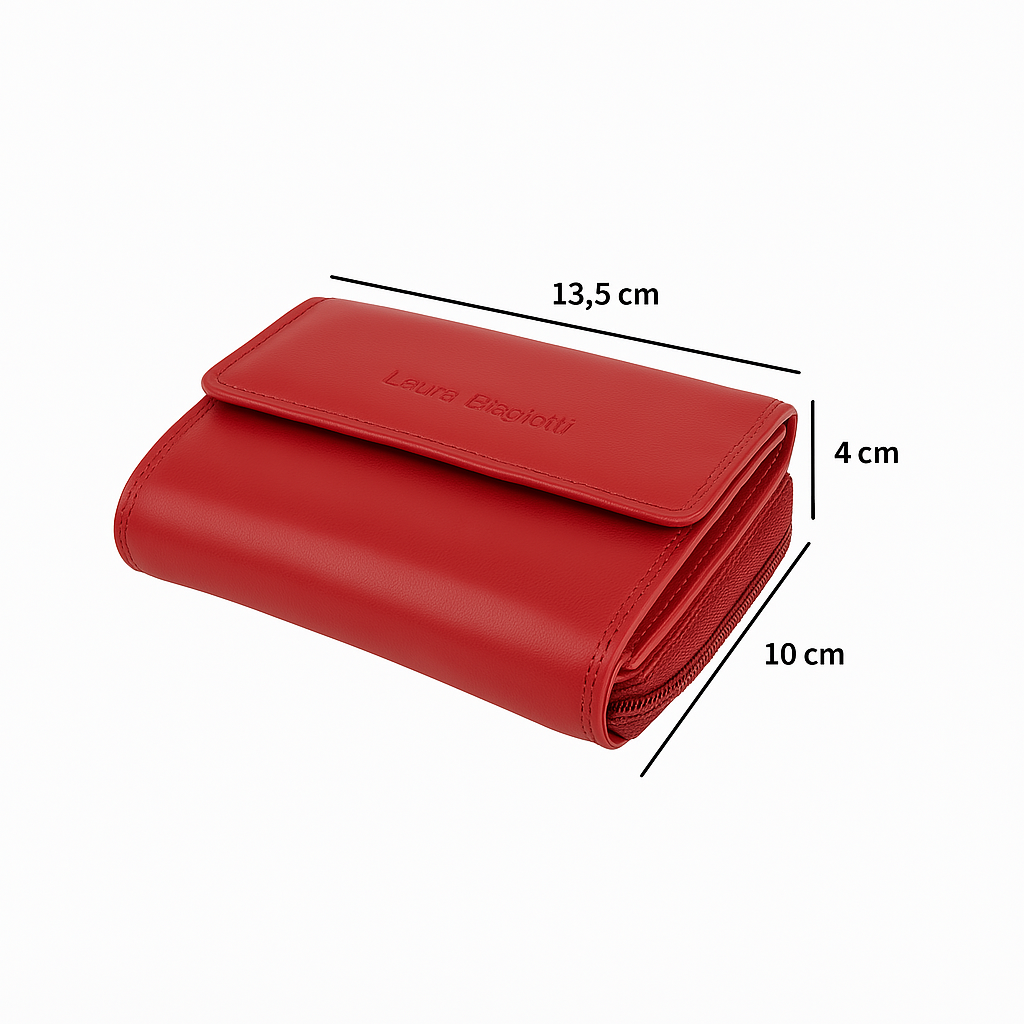 Portafoglio rosso Laura Biagiotti con dimensioni 13,5 x 10 x 4 cm evidenziate