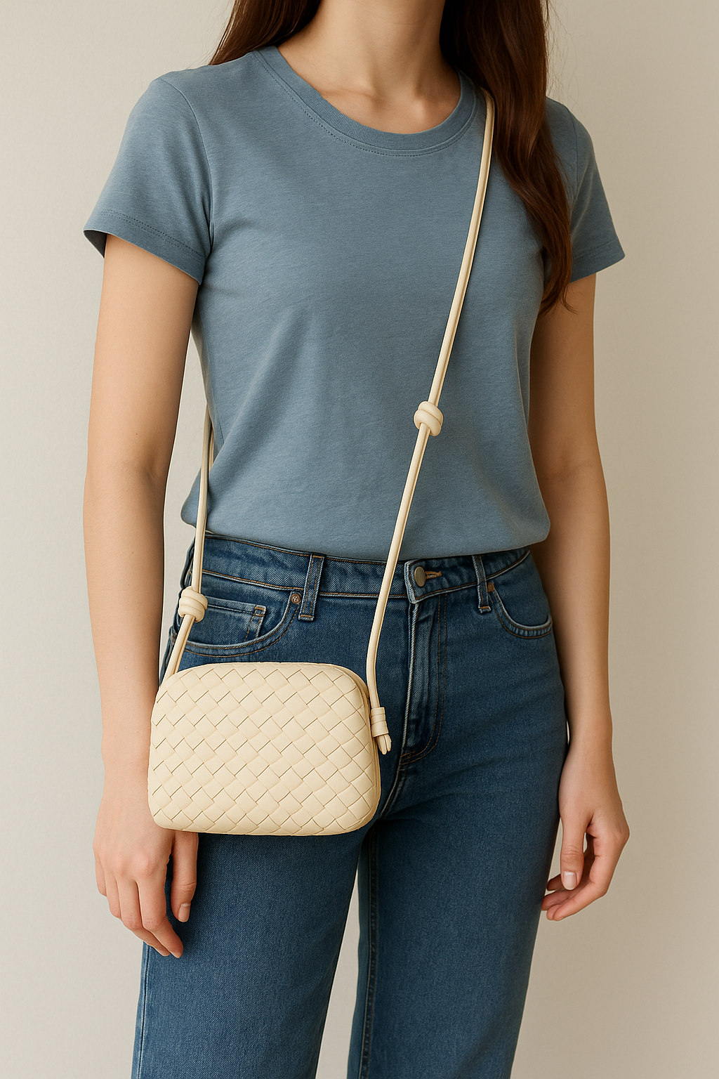 Donna che indossa una maglietta blu e jeans, con una borsa a tracolla beige intrecciata a forma compatta