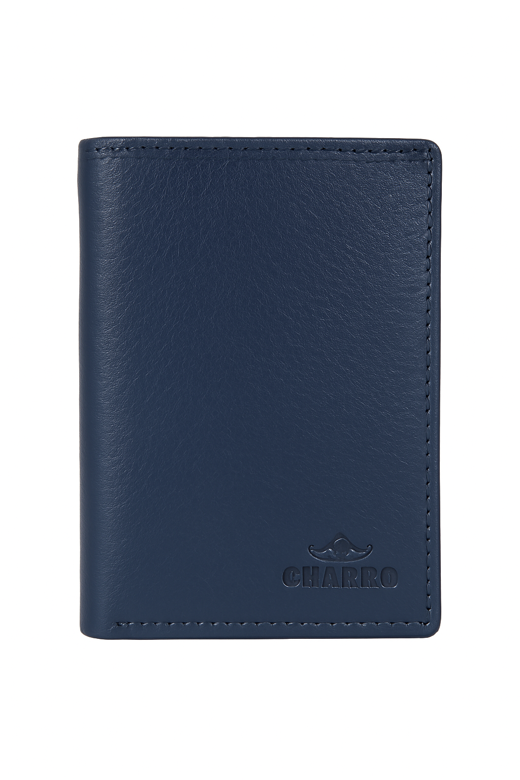 Portafoglio verticale unisex in vera pelle blu CHARRO modello CH-5271, con logo inciso e cuciture tono su tono, ideale per uomo e donna.