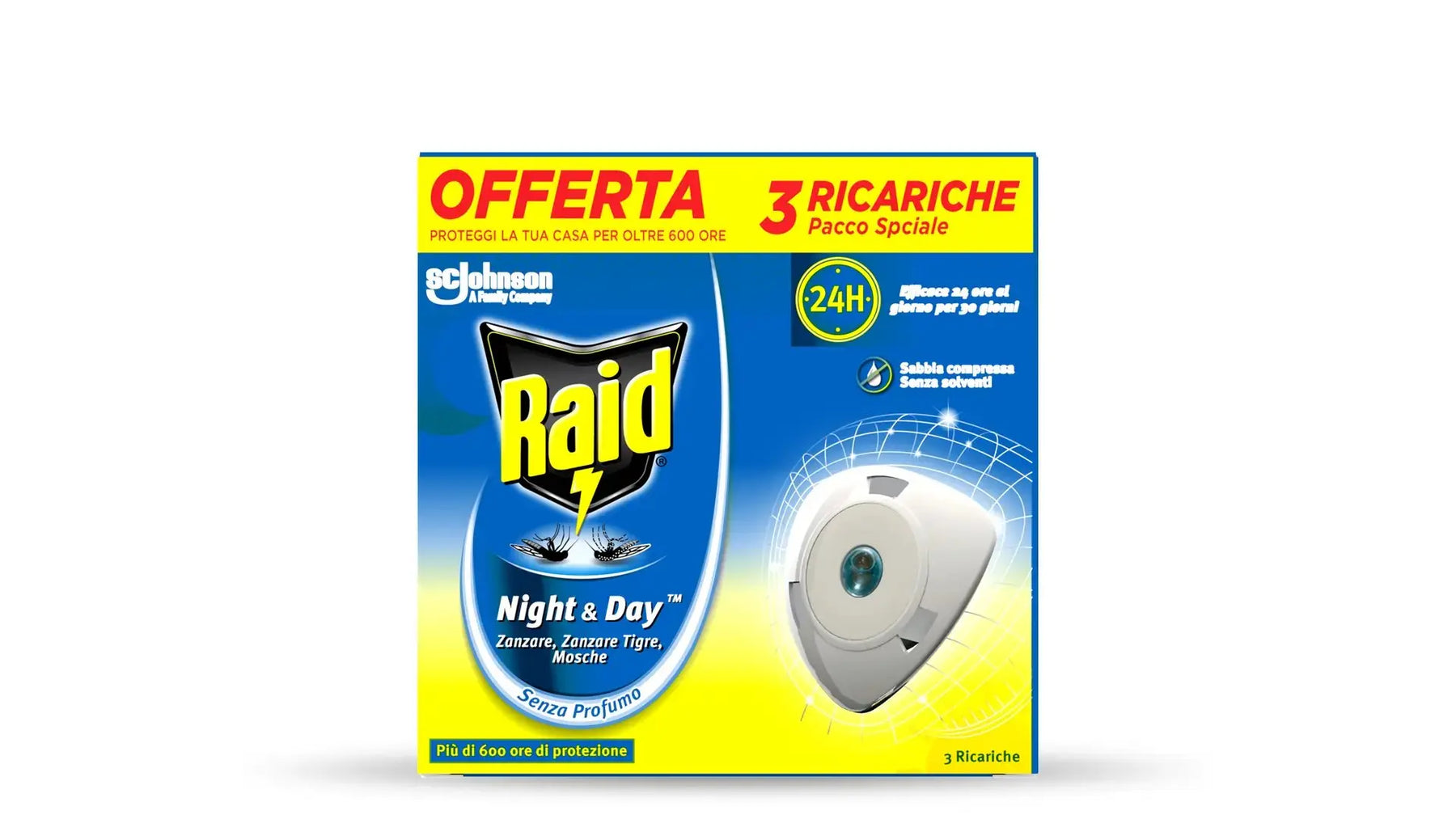 Scatola frontale Raid® Night & Day con 3 ricariche, senza profumo, protezione 24 ore contro zanzare e mosche.