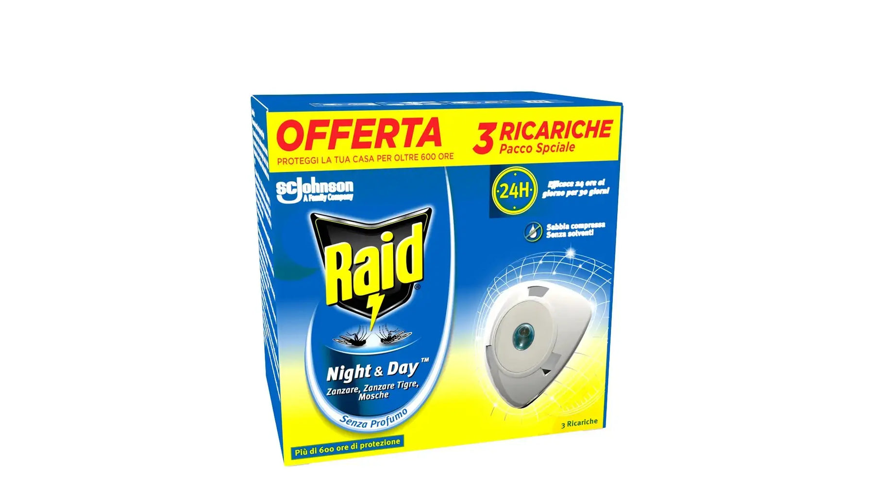 Vista angolare della confezione Raid® Night & Day 3 ricariche, efficace contro zanzare comuni e tigre.