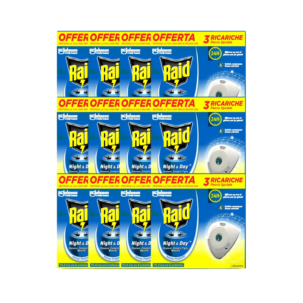 Confezione multipla Raid® Night & Day – 12 scatole da 3 ricariche antizanzare, per protezione continua contro zanzare tigre e comuni.
