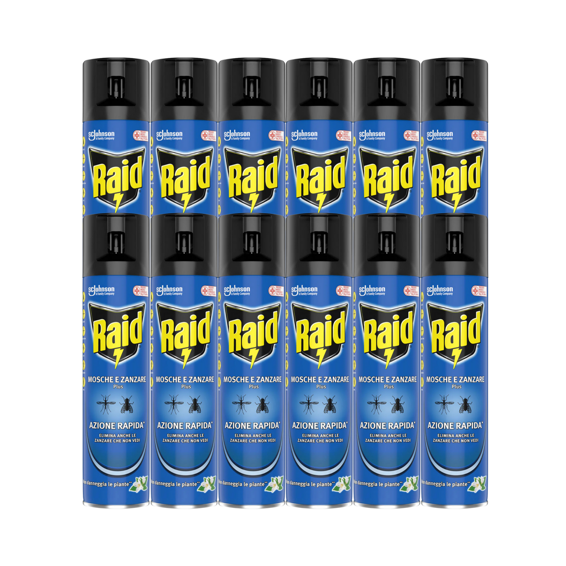 Confezione da 12 spray Raid® Mosche e Zanzare Plus da 400ml – insetticida ad azione rapida contro insetti volanti, efficace e sicuro per la casa