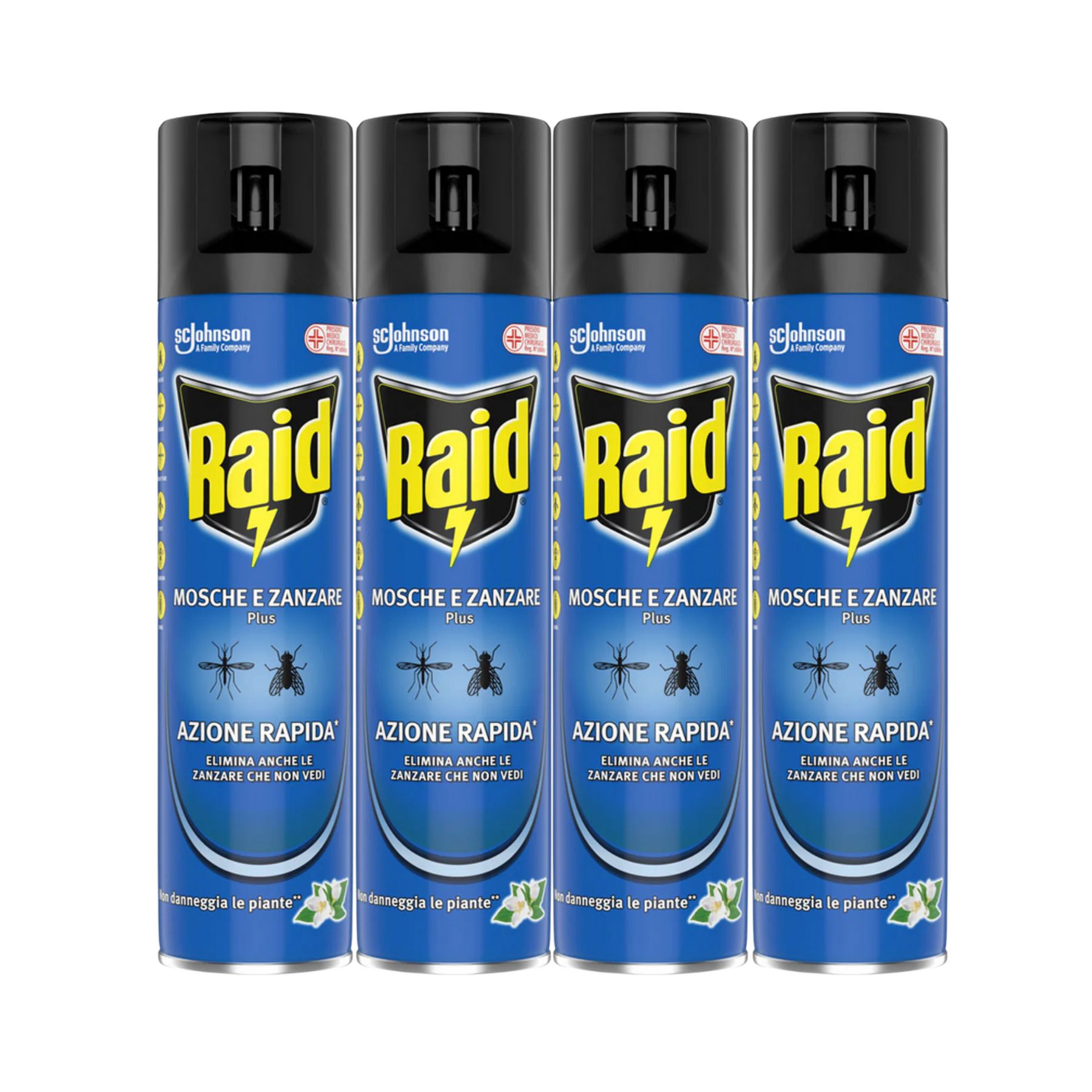 Confezione da 4 spray Raid® Mosche e Zanzare Plus da 400ml – insetticida ad azione rapida contro insetti volanti, efficace e sicuro per la casa