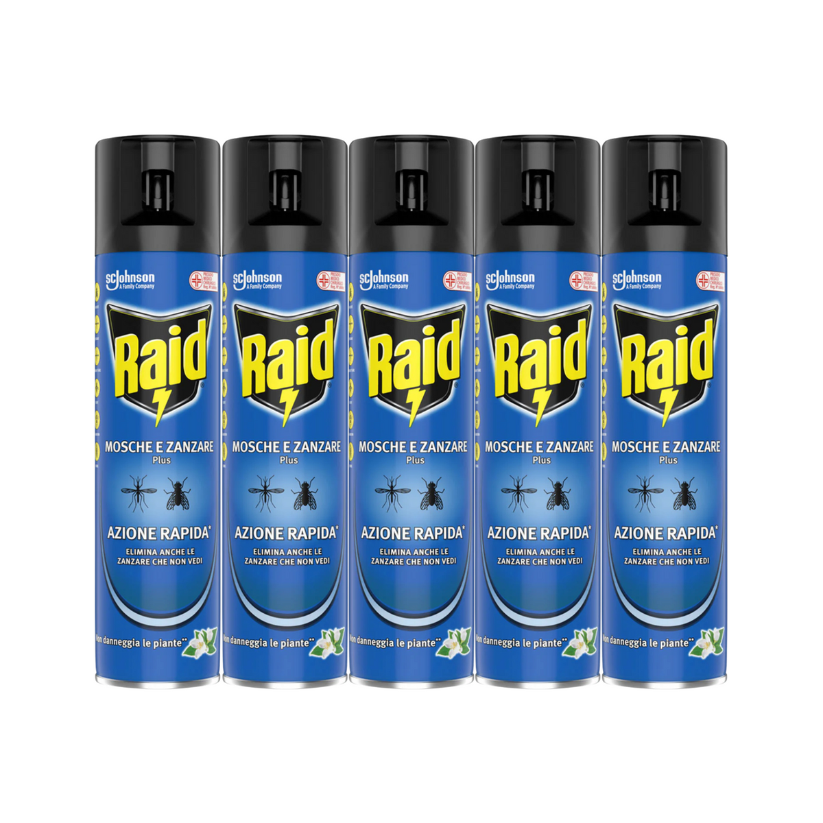 Confezione da 5 spray Raid® Mosche e Zanzare Plus da 400ml – insetticida ad azione rapida contro insetti volanti, efficace e sicuro per la casa
