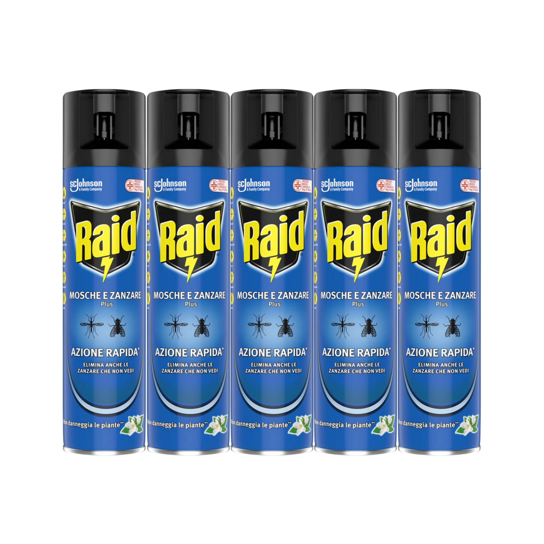 Confezione da 5 spray Raid® Mosche e Zanzare Plus da 400ml – insetticida ad azione rapida contro insetti volanti, efficace e sicuro per la casa