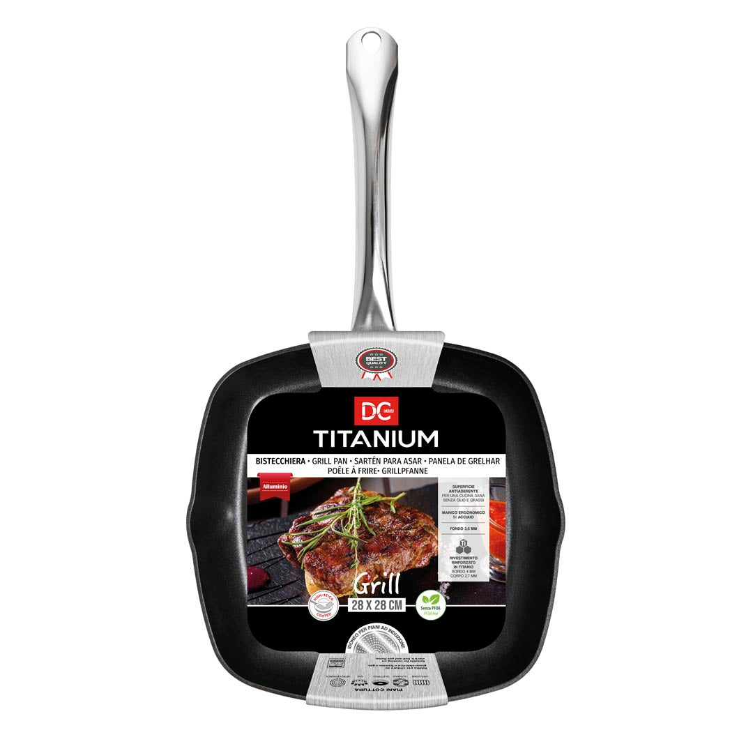 Bistecchiera Grill Antiaderente in Titanio Con Fondo Scanalato Adatta a Piani ad Induzione - 28X28 cm