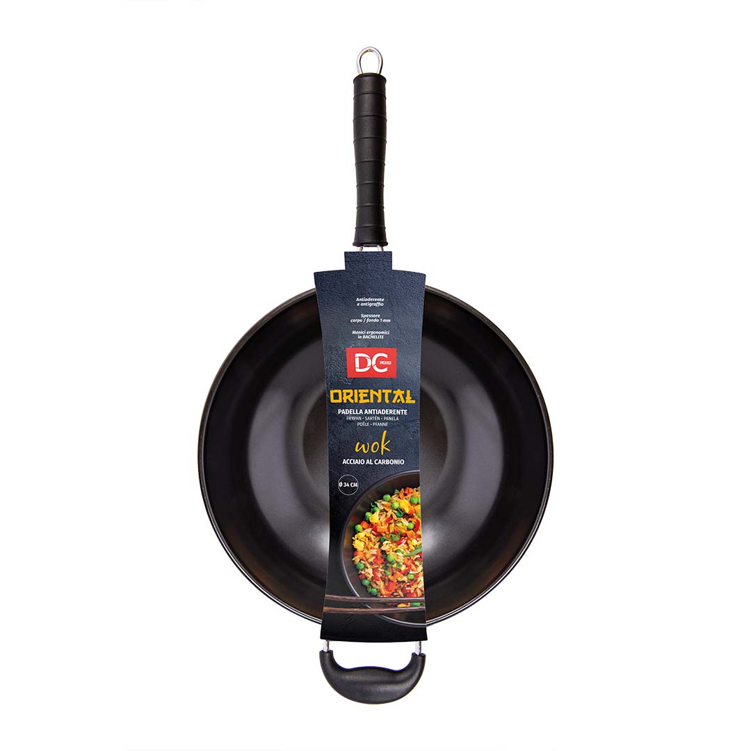 Noncareant carbon steel steel wok with long sleeve - 34cm diameter