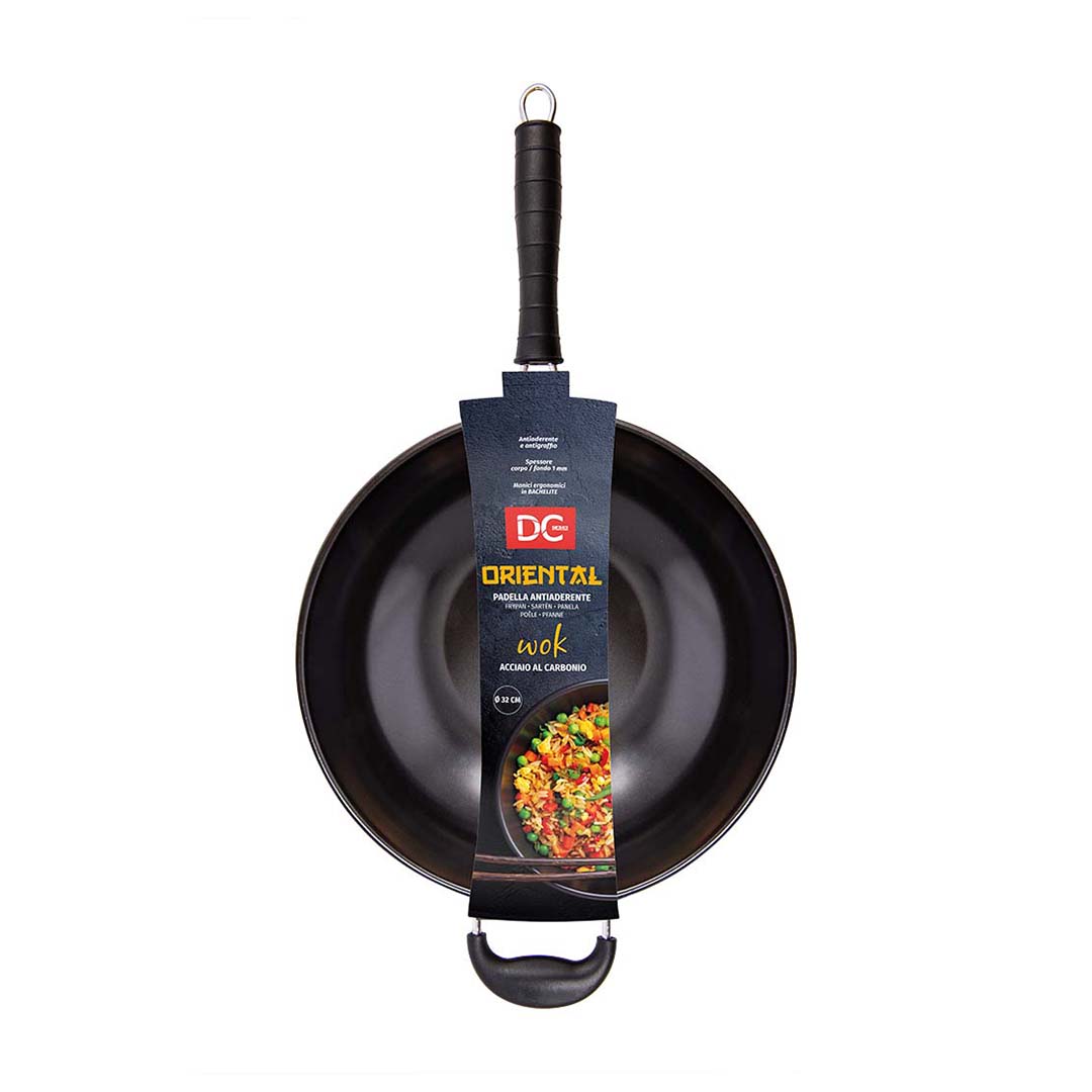 Noncareant carbon steel steel wok with long sleeve - 32cm diameter
