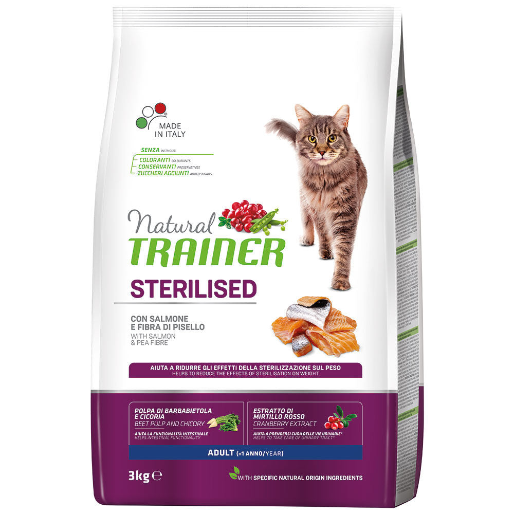 Natural Trainer Cat Adult Sterilised Salmone e Fibra di Pisello