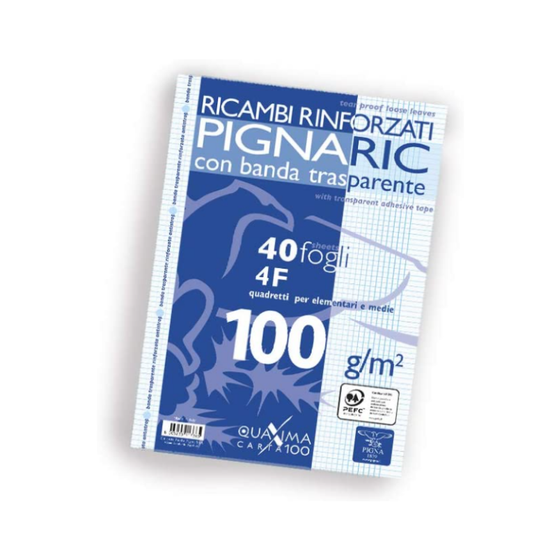 Pigna Pignaric - Ricambi Rinforzati per Quaderni - A4 100g 40 Fogli - 4F Quadretti 4mm con Margine 02222374F Quaderni A4 quadretti Unicarto.com