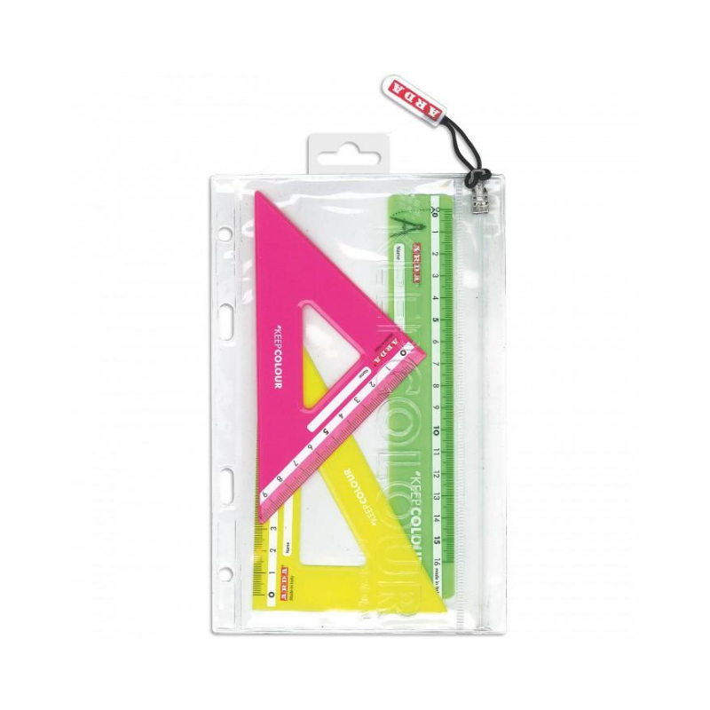Arda Fluo - Miniset Da Disegno Squadre + Righello, 3 Pezzi In Confezione Con Zip A Buchi Set da disegno Unicarto.com
