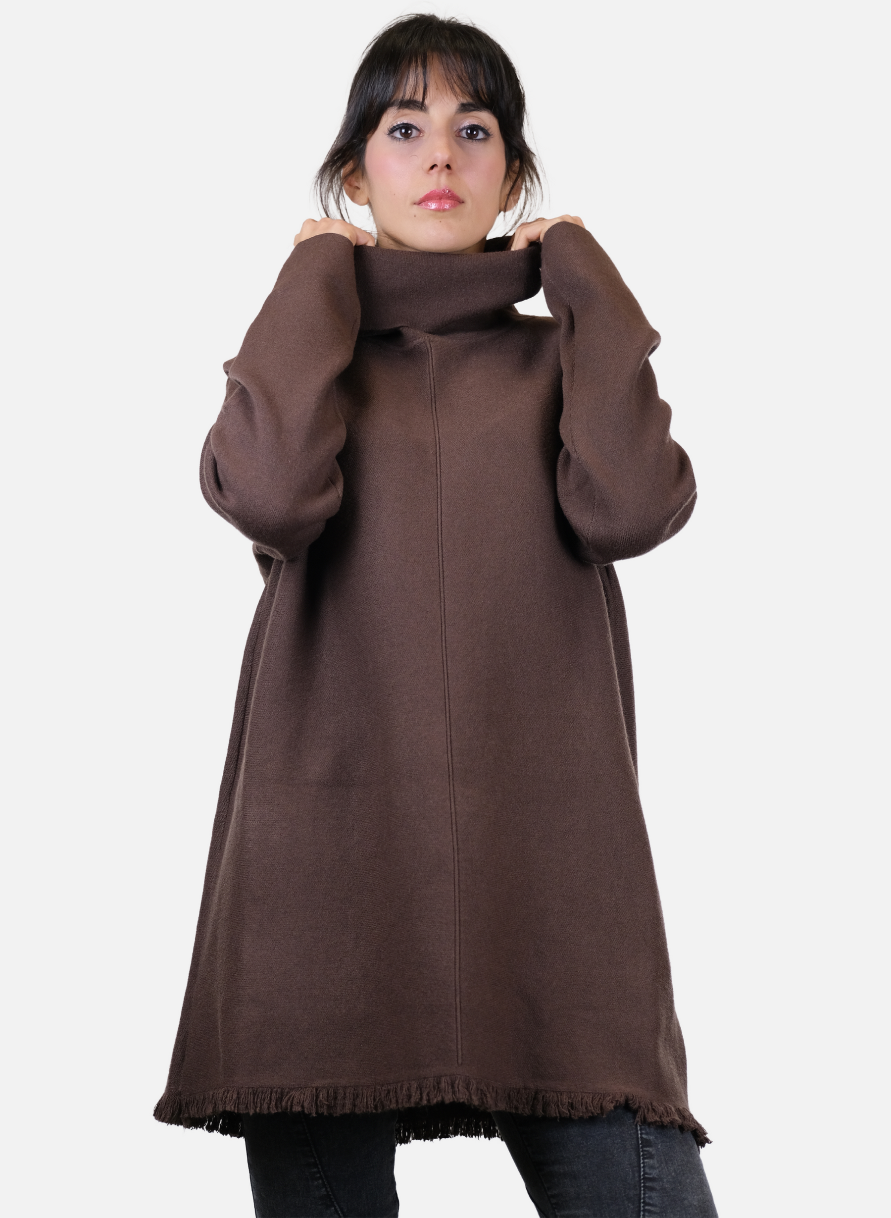 Maglia A Tunica Da Donna Calda A Collo Alto Con Frange