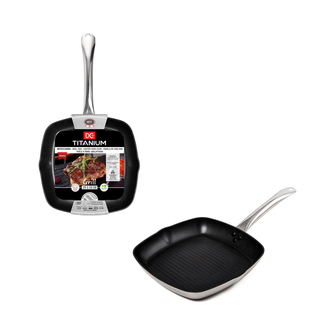 Poêle à Griller Antiadhésive en Titane à Fond Rainuré Adaptée aux Plaques à Induction - 28X28 cm