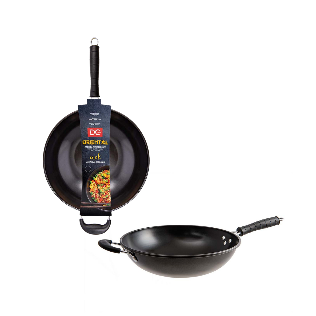 Noncareant carbon steel steel wok with long sleeve - 34cm diameter