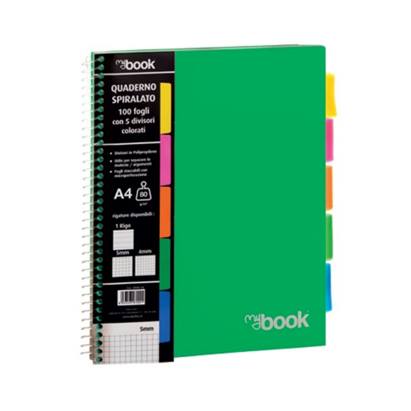 Mybook Quaderno Spiralato 5 Divisori 100 Fogli, 4 Fori A4 1Pz - 4Mm Quaderni A4 quadretti Unicarto.com
