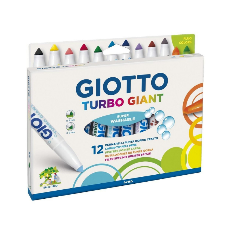 Giotto Turbo Giant Pennarelli - Punta Conica Doppio Tratto - 12 Colori Assortiti Pennarelli lavabili Unicarto.com