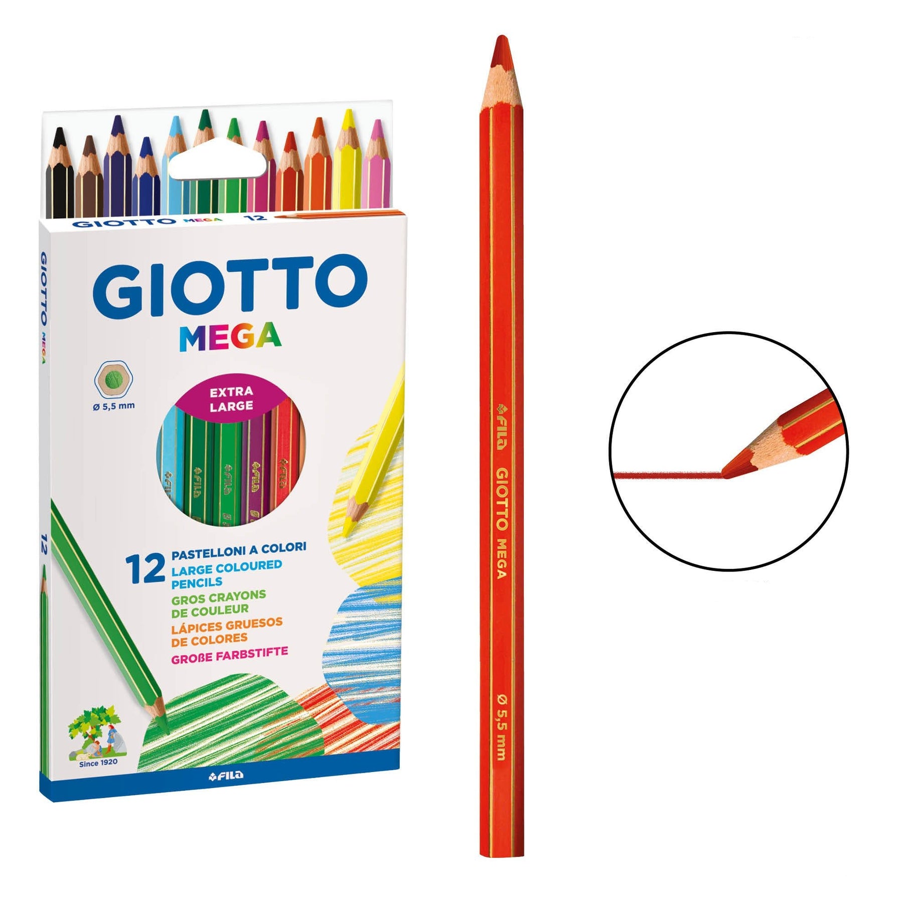 Giotto Mega - Pack of 12 colored pastels XL Ø8.5mm