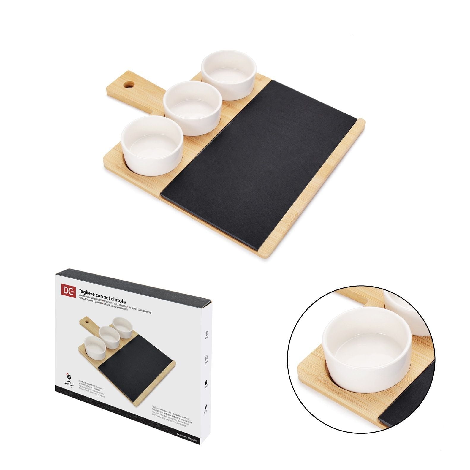 Wooden cutting board with ceramic bowl set - 3 pieces 31.5x25x4cm