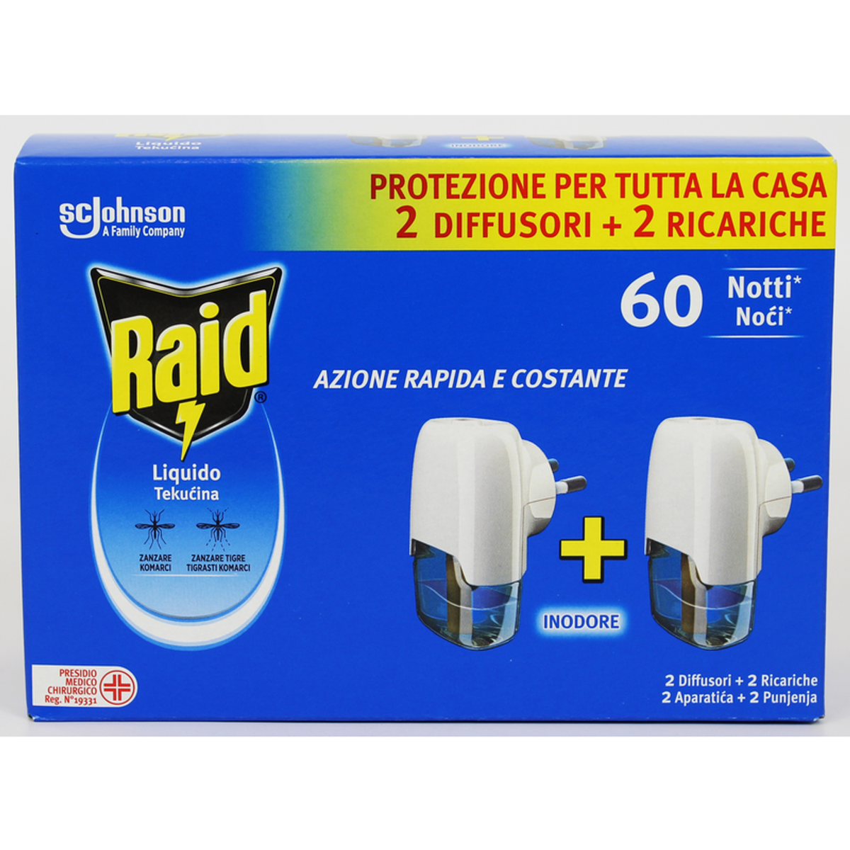 Insekticid RAID 2 Højttalere + 2 Liquid Top -Ups 60 Nights Bipacco
