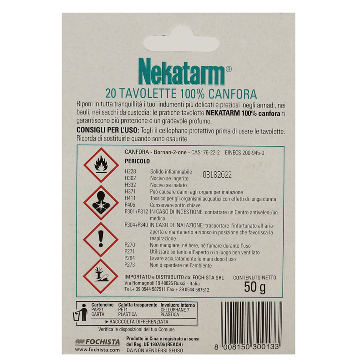 Nekatarm 100% Canfora 20 Tavolette Blister 50 Gr