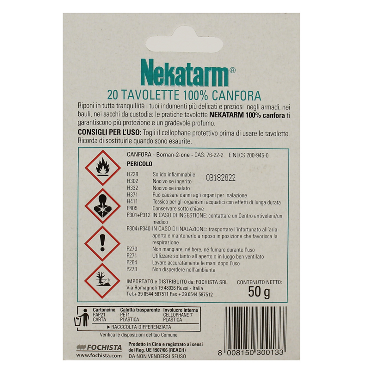 Nekatarm 100% kamfer 20 blister tabletten 50 gram