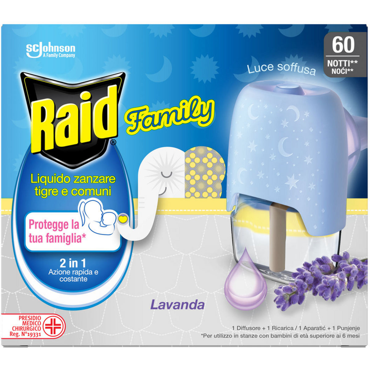 Raid Family Diffusore Elettrico + Ricarica Liquida 60 Notti Lavanda