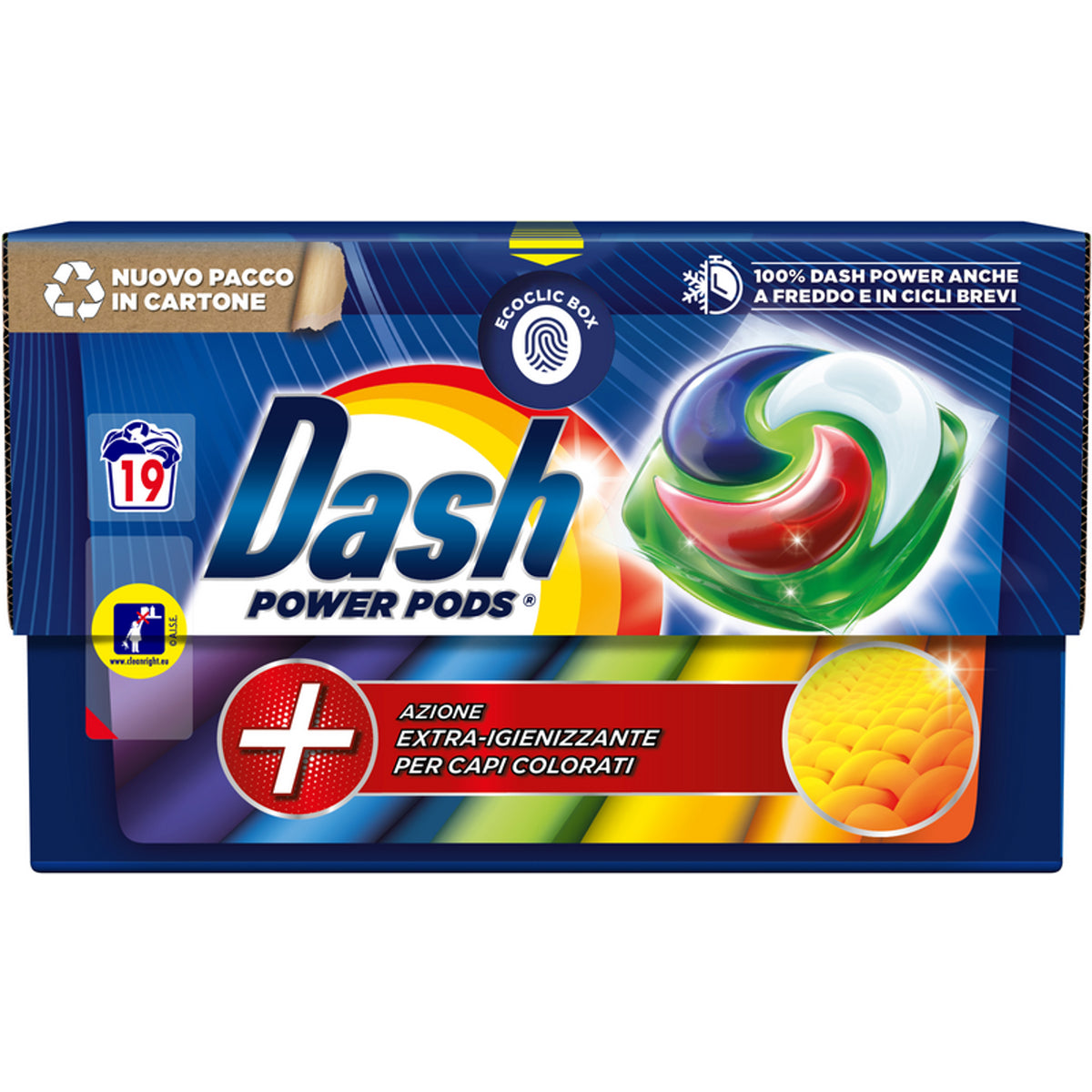 Dash Power Pods Extra Igienizzante Colore Detersivo Bucato Lavatrice 19 Pods Ecodosi