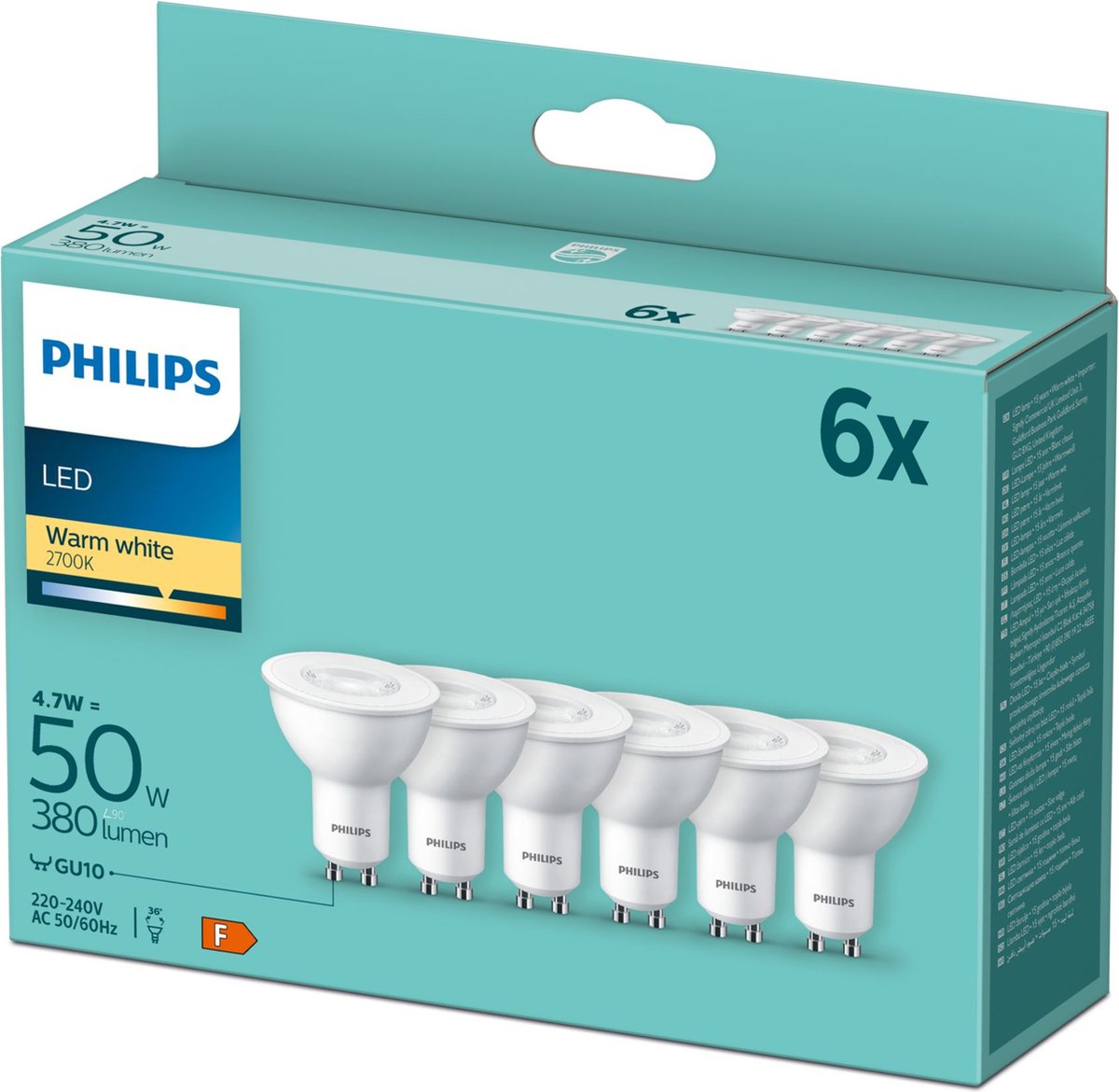 Philips LED GU10 50W - 6 heiße Glühbirnen 2700K, 4,7W (gleichwertig 50W)