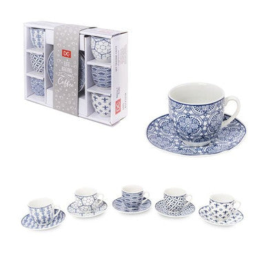6 kavos puodelių rinkinys su rankena ir dekoruotos porceliano lėkštės - mėlynos spalvos