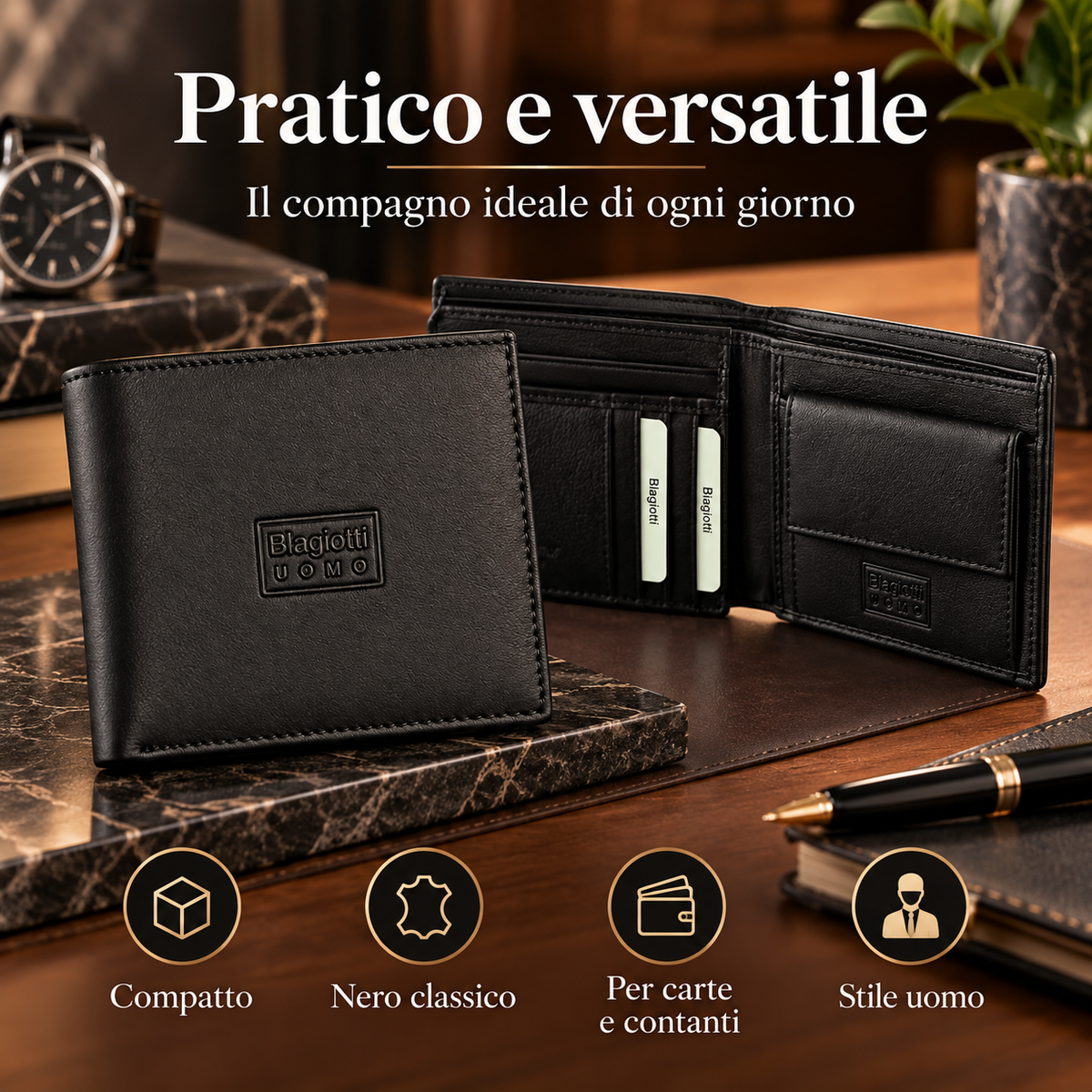 Biagiotti Men's Wallet in Vera Leather with Portamonete - 12x10x2 cm