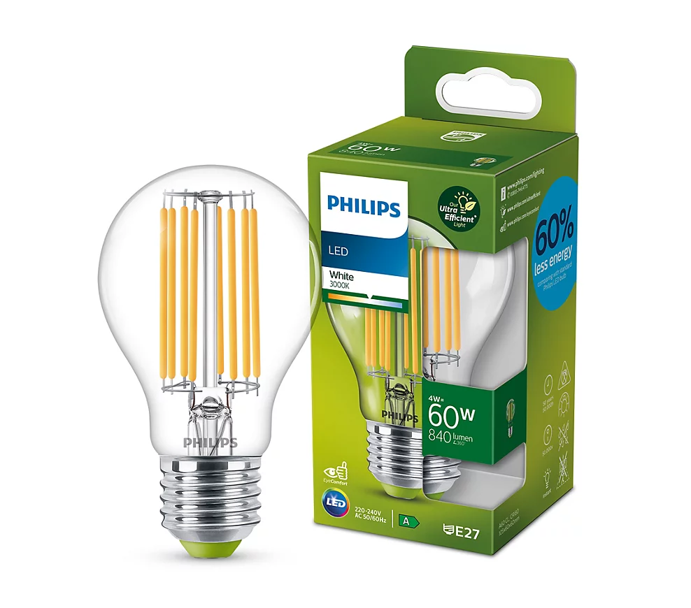 Philips LED Filament E27 60W - 4W, 840 Lumens, White Light 3000K, Ultra Excenity