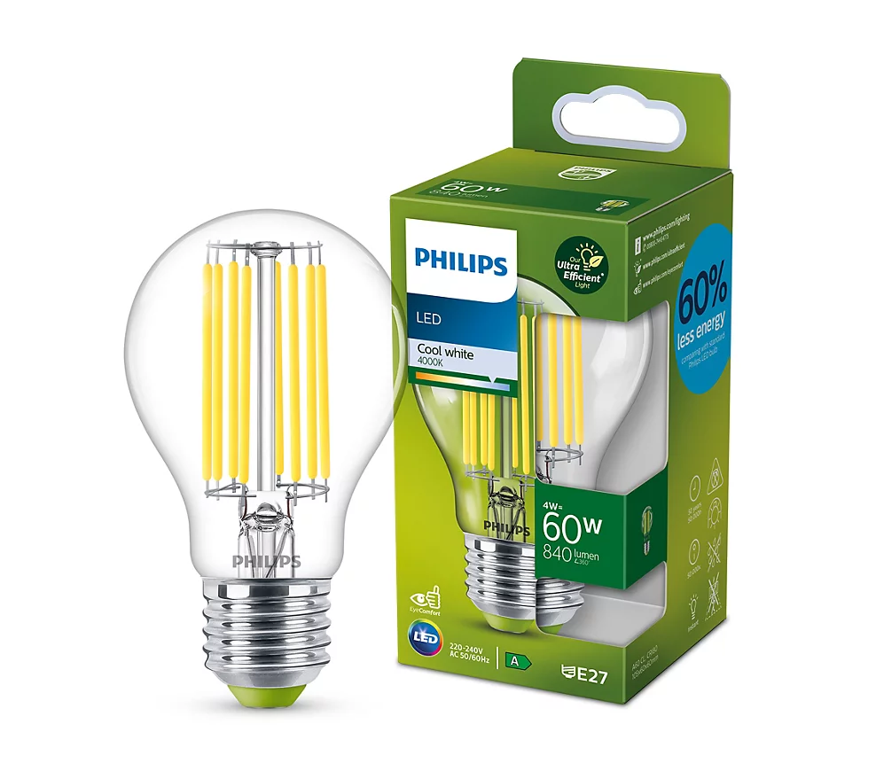 Philips LED Filament E27 60W - 4W, 840 lumenów, zimne białe światło 4000k, ultra wydajne