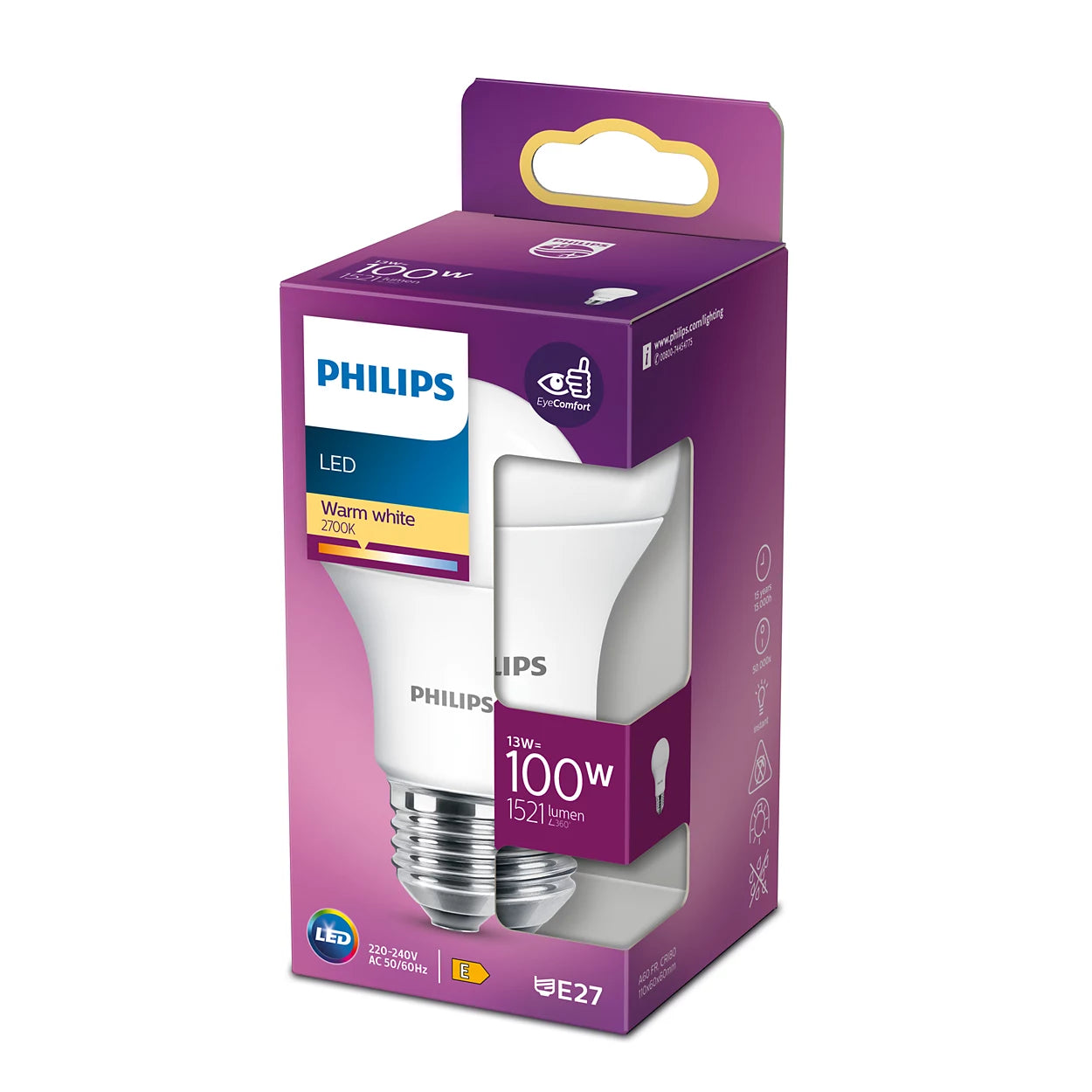 Philips førte E27 100W ækvivalent, 13w, 1521 lumen, varmt hvidt lys 2700k - øjenkompit