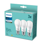 Sæt 3 Philips LED E27 100W pærer, 13W med koldt hvidt lys 4000K, energiklasse og