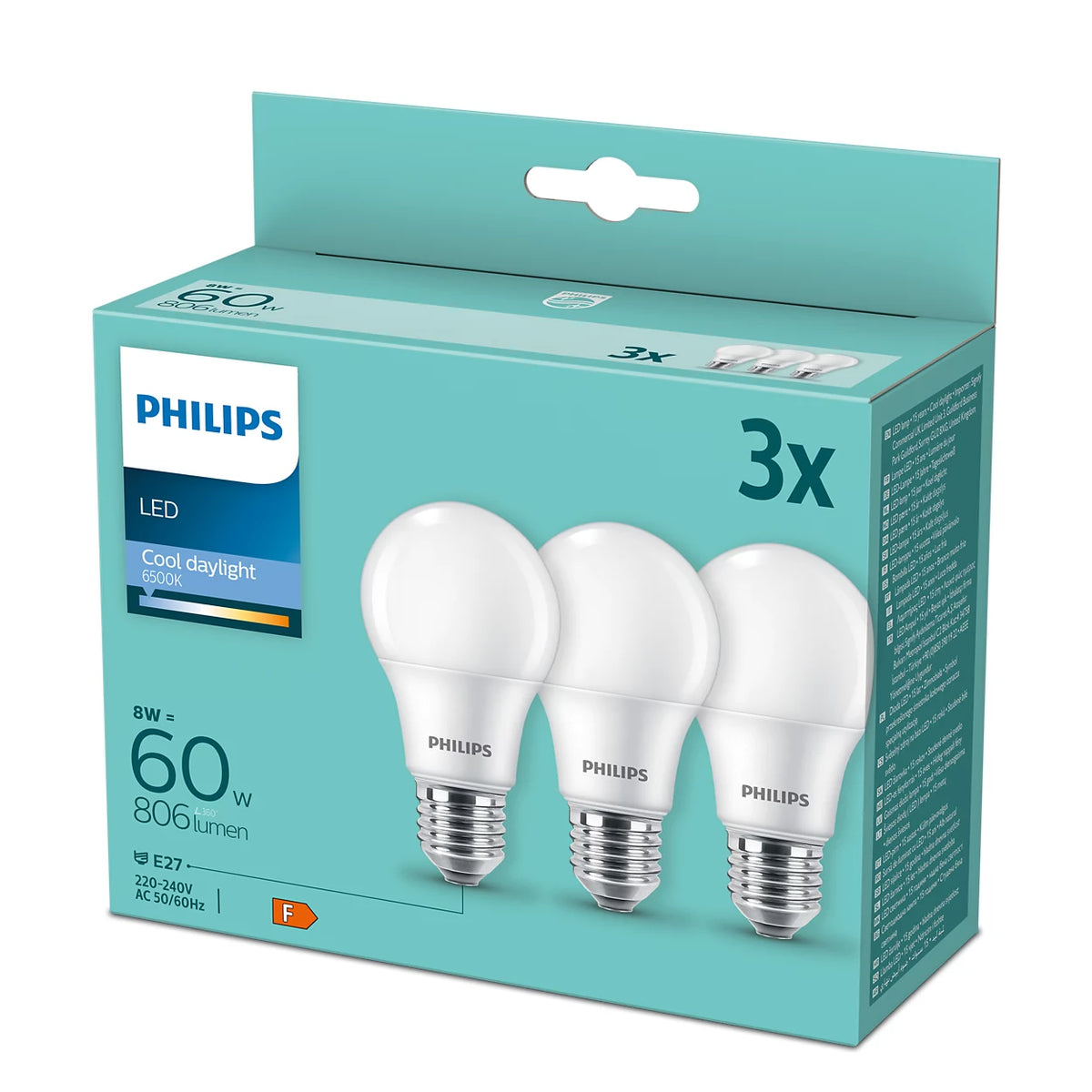 Philips LED E27 60W Equivalente, 8W, 806 Lumen, Luce Bianca Fredda 6500K - Pacco da 3